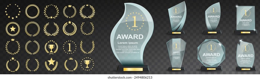 Set of glass award trophy with laurel wreath. Transparent prize template with golden laurel branches. Winner first place concept. Vector illustration.