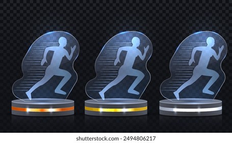 Set of glass award trophy with laurel wreath. Transparent prize template with golden laurel branches. Winner first place concept. Vector illustration.