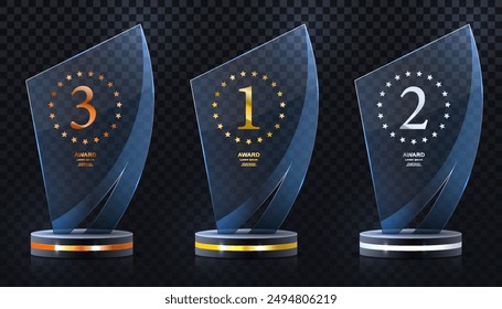 Set of glass award trophy with laurel wreath. Transparent prize template with golden laurel branches. Winner first place concept. Vector illustration.