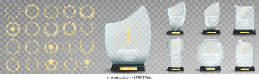 Set of glass award trophy with laurel wreath. Transparent prize template with golden laurel branches. Winner first place concept. Vector illustration.