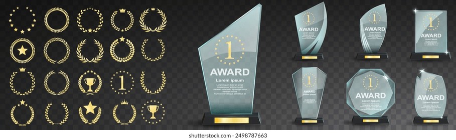 Set of glass award trophy with laurel wreath. Transparent prize template with golden laurel branches. Winner first place concept. Vector illustration.