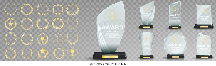 Set of glass award trophy with laurel wreath. Transparent prize template with golden laurel branches. Winner first place concept. Vector illustration.