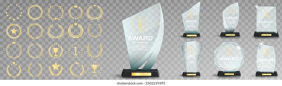 Set of glass award trophy with laurel wreath. Transparent prize template with golden laurel branches. Winner first place concept. Vector illustration.