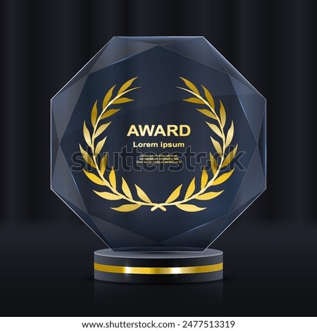 Set of glass award trophy with laurel wreath. Transparent prize template with golden laurel branches. Winner first place concept. Vector illustration.
