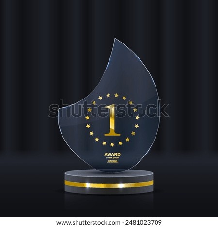 Set of glass award trophy with laurel wreath. Transparent prize template with golden laurel branches. Winner first place concept. Vector illustration. Glass award trophy set. Transparent prize templat