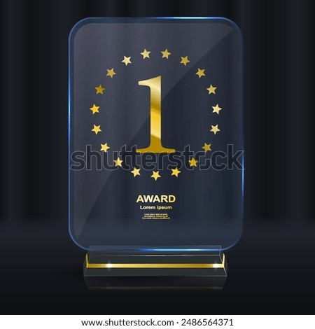 Set of glass award trophy with laurel wreath. Transparent prize template with golden laurel branches. Winner first place concept. Vector illustration.