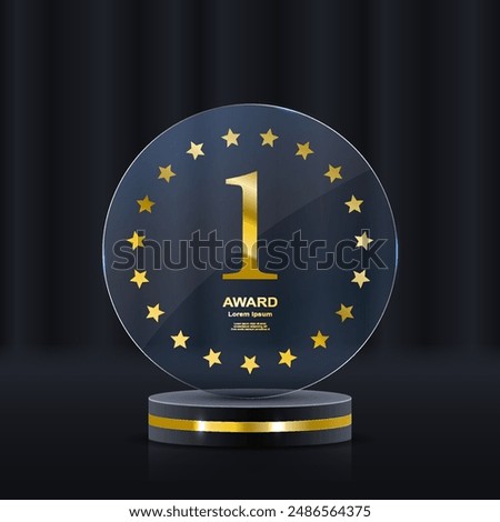 Set of glass award trophy with laurel wreath. Transparent prize template with golden laurel branches. Winner first place concept. Vector illustration.