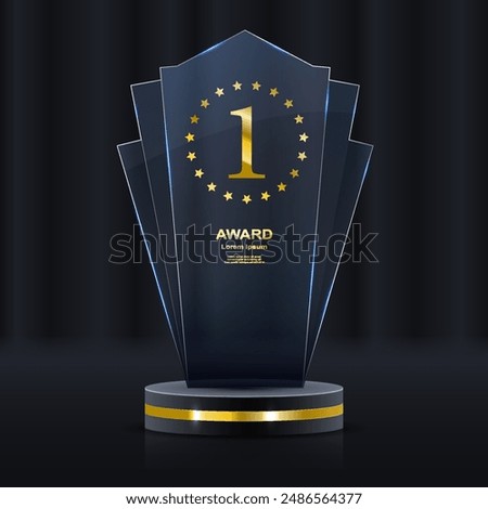 Set of glass award trophy with laurel wreath. Transparent prize template with golden laurel branches. Winner first place concept. Vector illustration.