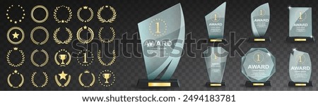 Set of glass award trophy with laurel wreath. Transparent prize template with golden laurel branches. Winner first place concept. Vector illustration.