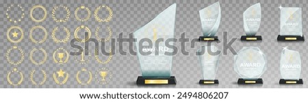 Set of glass award trophy with laurel wreath. Transparent prize template with golden laurel branches. Winner first place concept. Vector illustration.