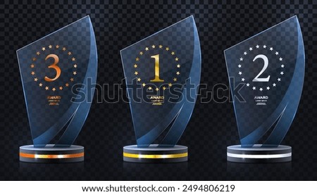 Set of glass award trophy with laurel wreath. Transparent prize template with golden laurel branches. Winner first place concept. Vector illustration.