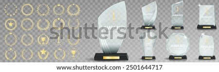 Set of glass award trophy with laurel wreath. Transparent prize template with golden laurel branches. Winner first place concept. Vector illustration.