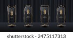 Set of glass award trophy with palm branch. Transparent prize template with golden branch. Winner first place concept. Vector illustration.