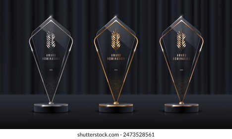 Set of glass award trophy with palm branch. Transparent prize template with golden branch. Winner first place concept. Vector illustration.