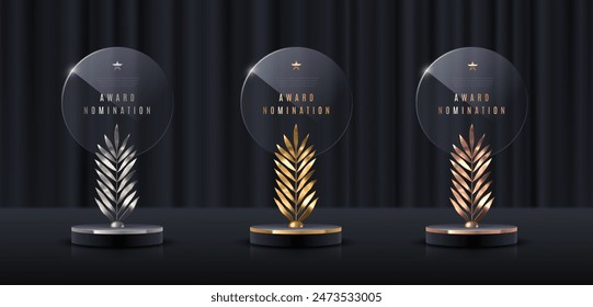 Set of glass award trophy with palm branch. Transparent prize template with golden branch. Winner first place concept. Vector illustration.