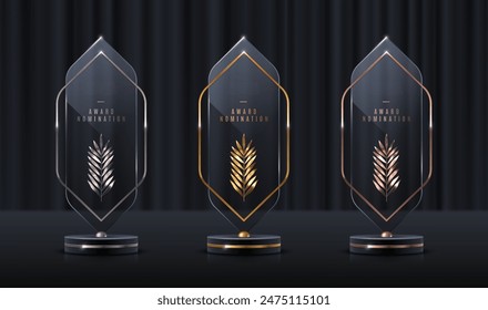 Set of glass award trophy with palm branch. Transparent prize template with golden branch. Winner first place concept. Vector illustration.