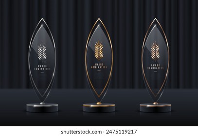 Set of glass award trophy with palm branch. Transparent prize template with golden branch. Winner first place concept. Vector illustration.