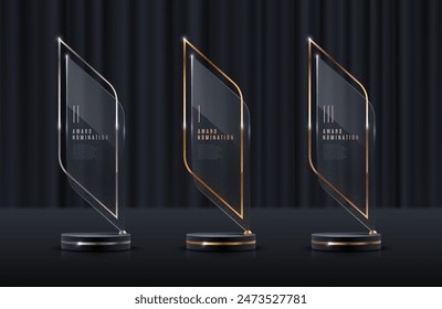 Juego de trofeos de premio de cristal. Plantilla transparente del premio. Concepto de primer lugar ganador. Ilustración vectorial.