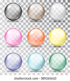 Set of glass balls on a transparent background. Isolated objects. Multi-colored glass balls. Vector illustration. 