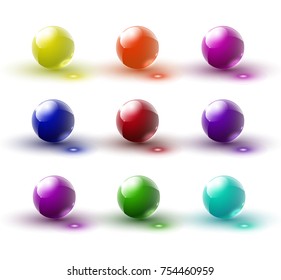 Set of glass balls on a transparent background. Isolated objects. Multi-colored glass balls. Vector illustration.