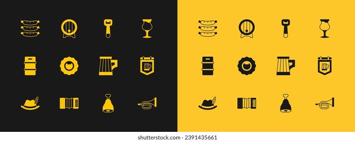 Set Glass of beer, Accordion, Wooden mug, Chicken leg, Bottle opener, Sausage and barrel rack icon. Vector