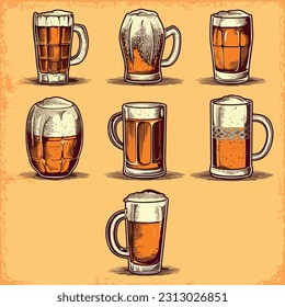 Set of glass of beer, aesthetics of vintage brews. Different type of beer glass, such as a pint, tulip glass, stein, snifter