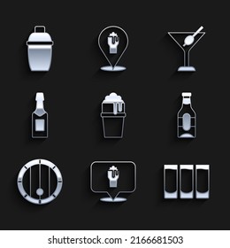 Set Glass of beer, Alcohol or bar location, Shot glass, Beer bottle, Wooden barrel, Champagne, Martini and Cocktail shaker icon. Vector