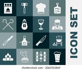 Set Glass of beer, Barbecue grill, Cook, Chef hat, Salt, BBQ skewers, Matchbox and matches and Wine glass icon. Vector