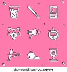 Set Glass of beer, Baseball bat, card, Player chest protector, Megaphone, Stopwatch, with and cap icon. Vector