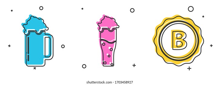 Set Glass of beer, Glass of beer and Bottle cap with inscription beer icon. Vector