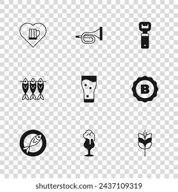 Set Glass of beer, Bottle cap, Wheat, opener, Heart with glass, Trumpet and Dried fish icon. Vector