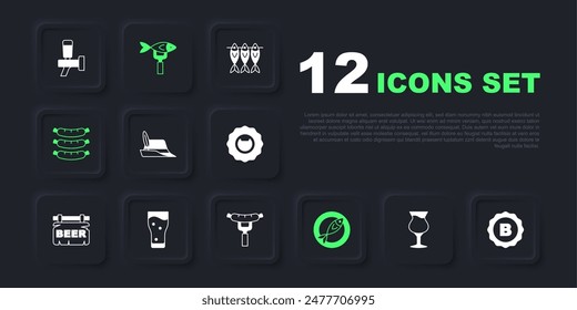 Set Glass of beer, Bottle cap, Oktoberfest hat, Dried fish, Sausage,  and on the fork icon. Vector