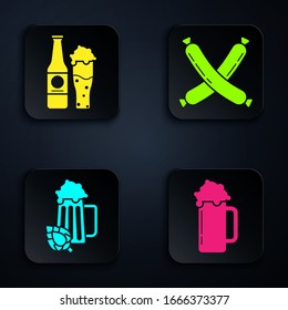 Set Glass of beer, Beer bottle and glass, Glass of beer and hop and Crossed sausage. Black square button. Vector