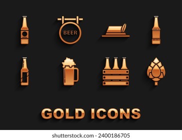 Set Glass of beer, Beer bottle, Hop, Pack bottles, Oktoberfest hat,  and Street signboard with inscription icon. Vector