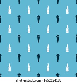 Set Glass of beer and Beer bottle on seamless pattern. Vector