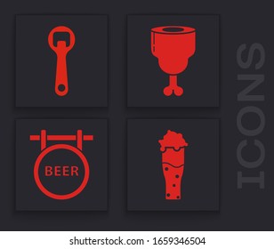 Set Glass of beer, Bottle opener, Chicken leg and Street signboard with inscription Beer icon. Vector
