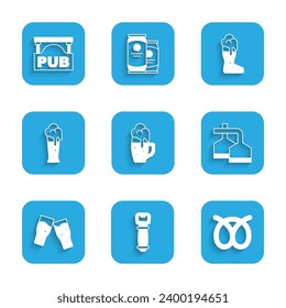 Set Glass of beer, Bottle opener, Pretzel, Beer brewing process, Boot glass and Street signboard with Pub icon. Vector