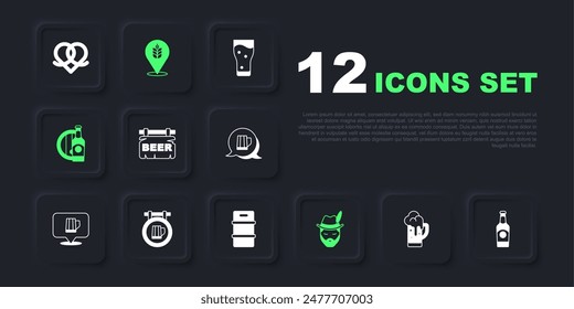 Set Glass of beer, Beer bottle, Street signboard with, Oktoberfest man, and wooden barrel, Wheat and Metal keg icon. Vector