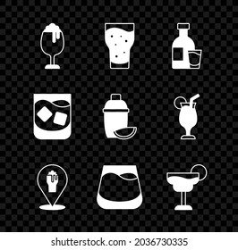 Set Glas Bier, Flasche Wodka mit Glas, Alkohol oder Bar Lage, Whiskey, Cocktail und Shaker Limette Symbol. Vektorgrafik