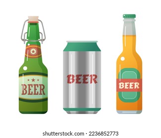 Set of glass beer bottles and aluminium can with labels. Brewery product packaging. Beer pub, Oktoberfest, restaurant, party design elements flat vector illustration