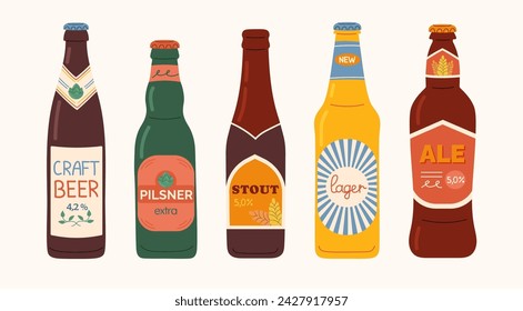 Set of glass Beer Bottles. Different bottled beer types with colored labels. Stylized hand drawn elements for menu restaurant or bar and pub.