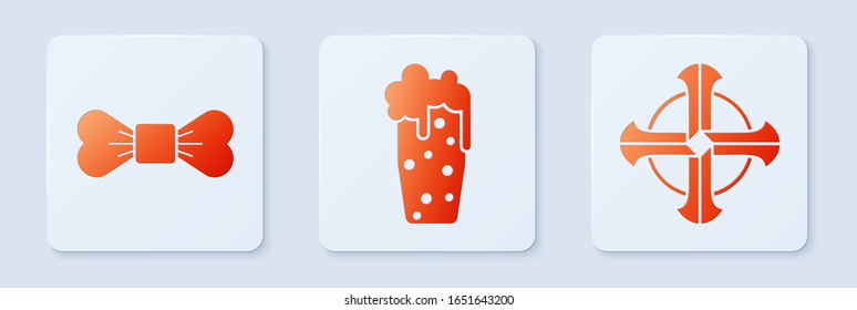 Set Glass of beer, Bow tie and Celtic cross. White square button. Vector