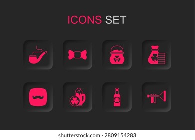 Set Glass of beer, Bow tie, Smoking pipe, Beer bottle with clover, Money bag, Trumpet, Pot gold coins and Mustache icon. Vector