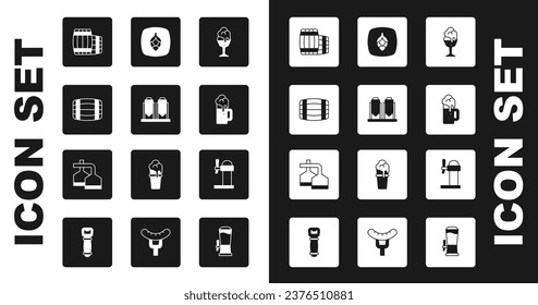 Set Glass of beer, Beer brewing process, Wooden barrel, mug, Hop, Dispenser and  icon. Vector
