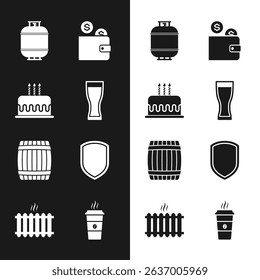 Set Glass of beer, Cake with burning candles, Propane gas tank, Wallet coin, Wooden barrel and Shield icon. Vector