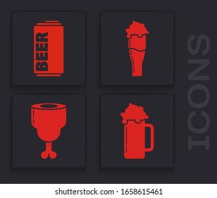 Set Glass of beer, Beer can, Glass of beer and Chicken leg icon. Vector