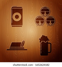 Set Glass of beer, Beer can, Oktoberfest hat and Wooden barrel on rack with stopcock on wooden background. Vector