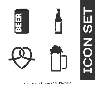 Set Glass of beer, Beer can, Pretzel and Beer bottle icon. Vector