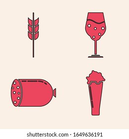 Set Glass of beer, Cereals set with rice, wheat, corn, oats, rye, barley, Glass of beer and Salami sausage icon. Vector