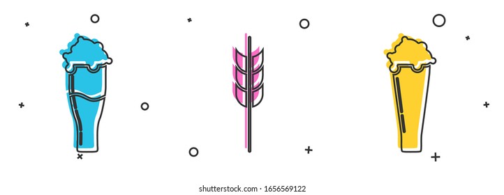 Set Glass of beer, Cereals set with rice, wheat, corn, oats, rye, barley and Glass of beer icon. Vector